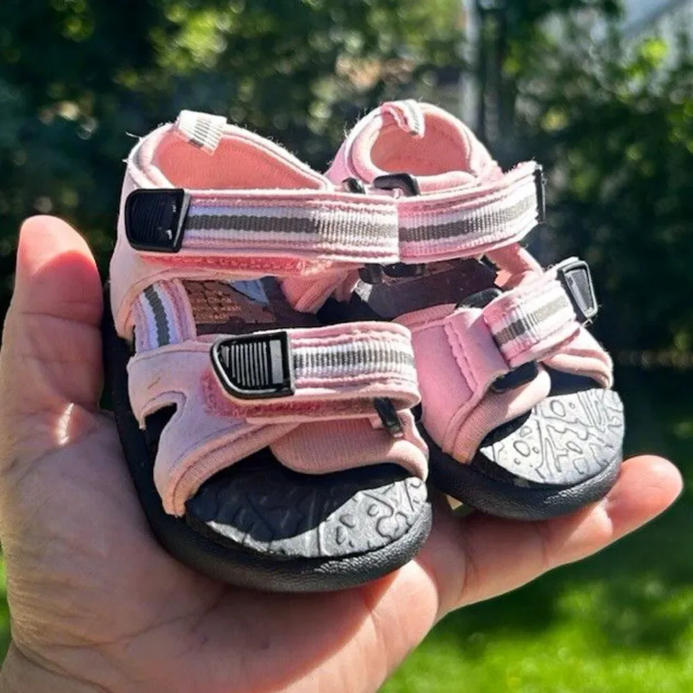 Girls Pink Black EVA Sandals Hook & Loop Adjustable Strap Casual Summer